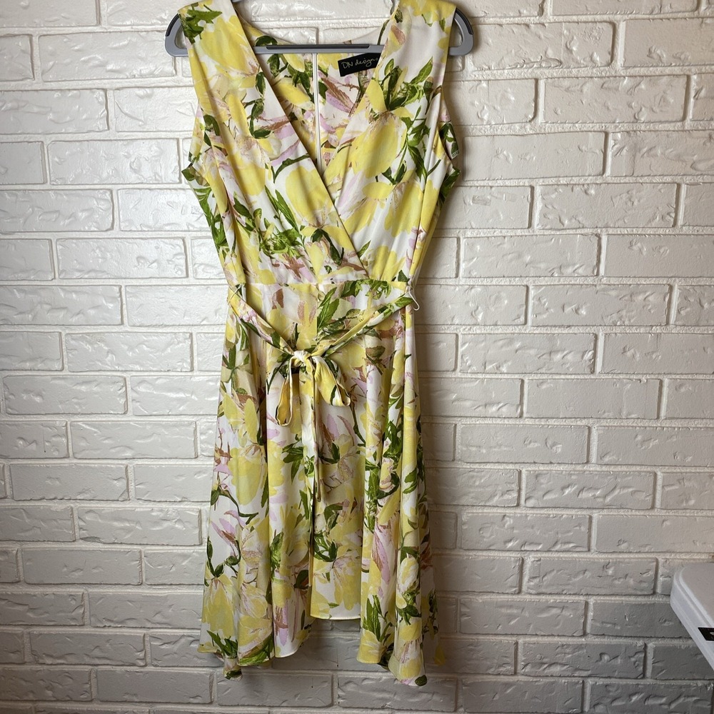 DN Design NWT Women's Dress Size 14 Yellow Floral Belt Fit & Flare Asymmetrical